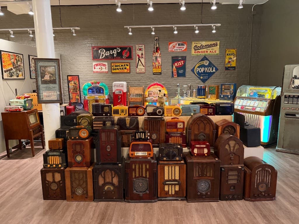 The wall of vintage radios inside Beautiful Things.