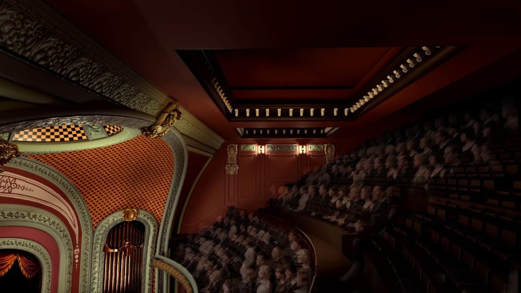 A rendered fly-through view of the 1916 Coliseum Theatre interior, looking out from the upper balcony toward the proscenium: gilded plaster ornament along the upper walls, a coffered red ceiling, and a full-house audience in tiered seating below