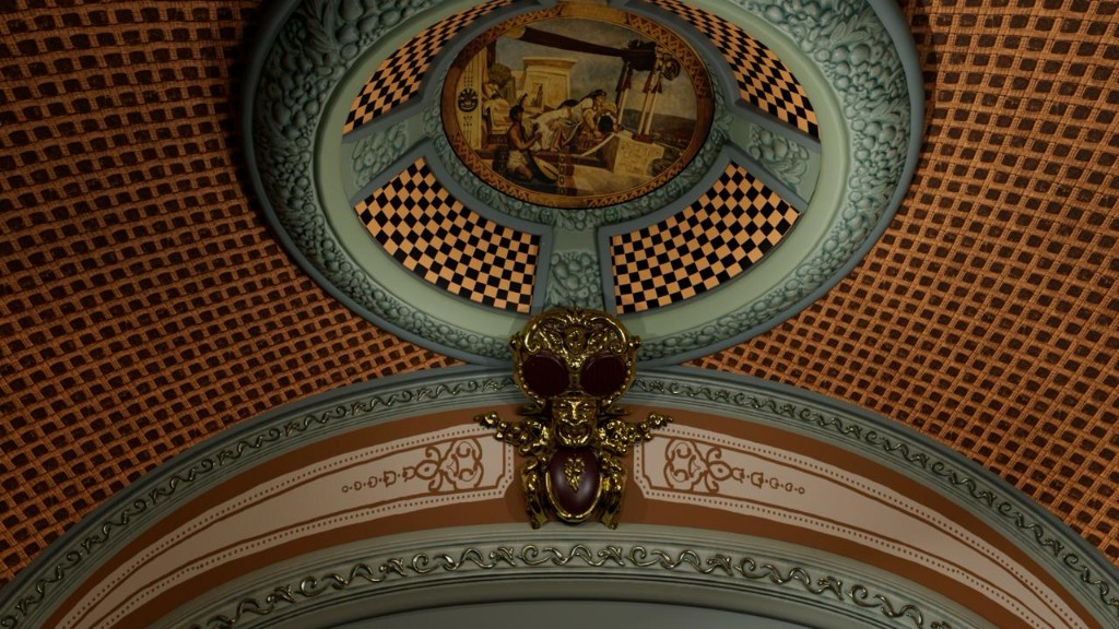 Imagined restoration of the ceiling dome and frescoed mural