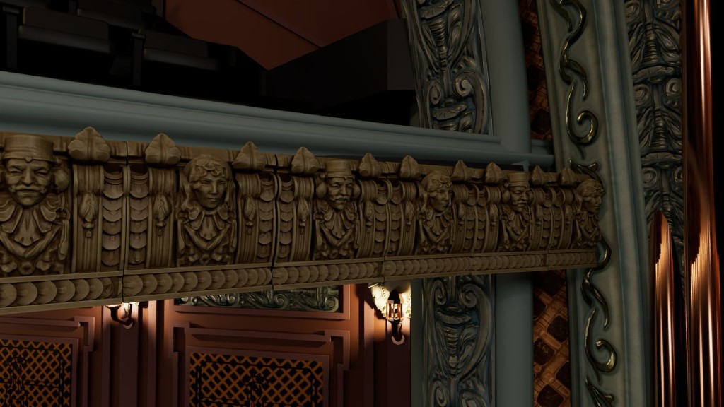 Imagined restoration of the carved frieze with 1916 character masks