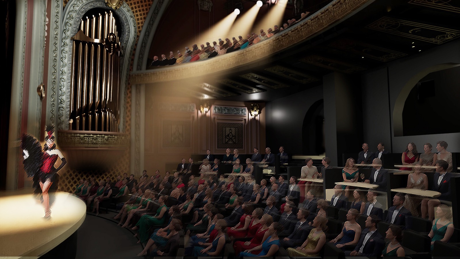Reconstruction render of the lower-level dinner theater concept