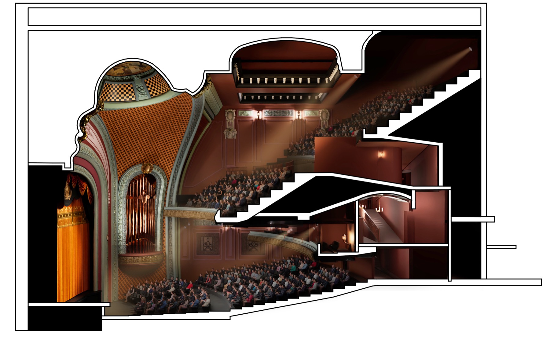 Sectional reconstruction render showing two stacked venues