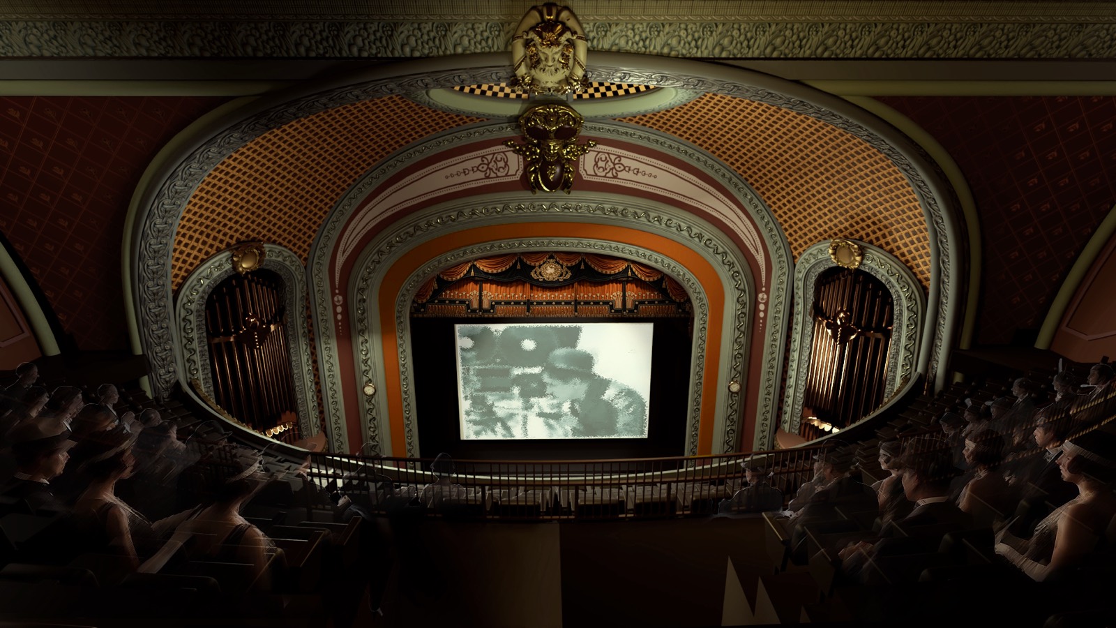 Reconstruction render of the restored proscenium and balcony